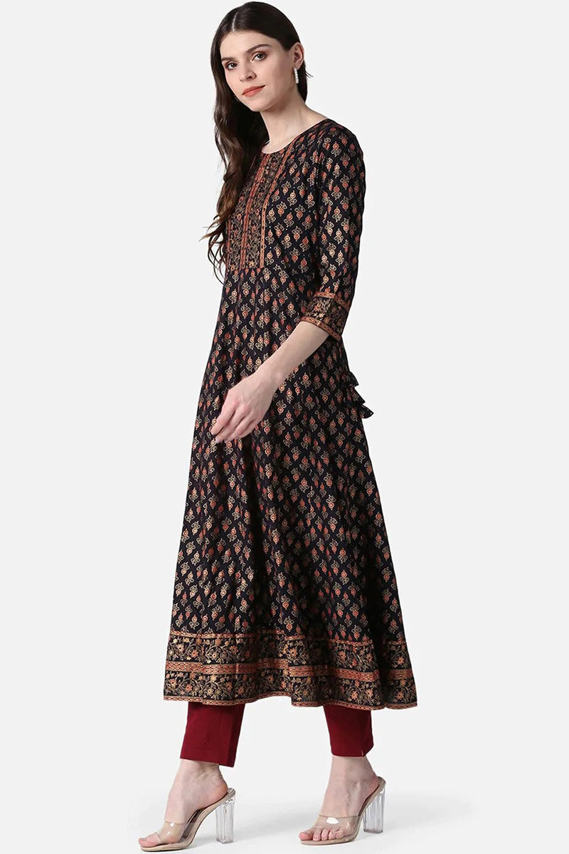 AHIKA Women Black Gold Ethnic Motifs Printed Mirror Work Anarkali Kurta