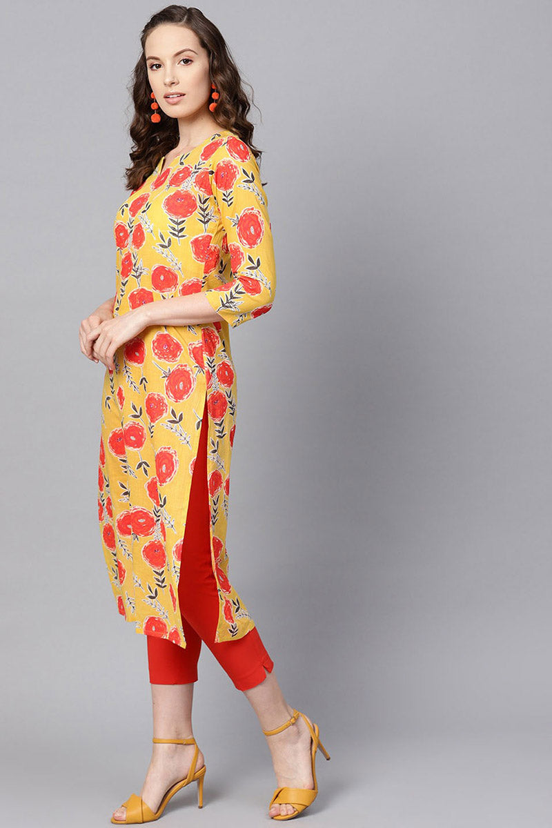Yellow Color Cotton Fabric Anarkali Style Long Kurti in Zari, Embroidered,  Resham, Gota & Floral Printed Work