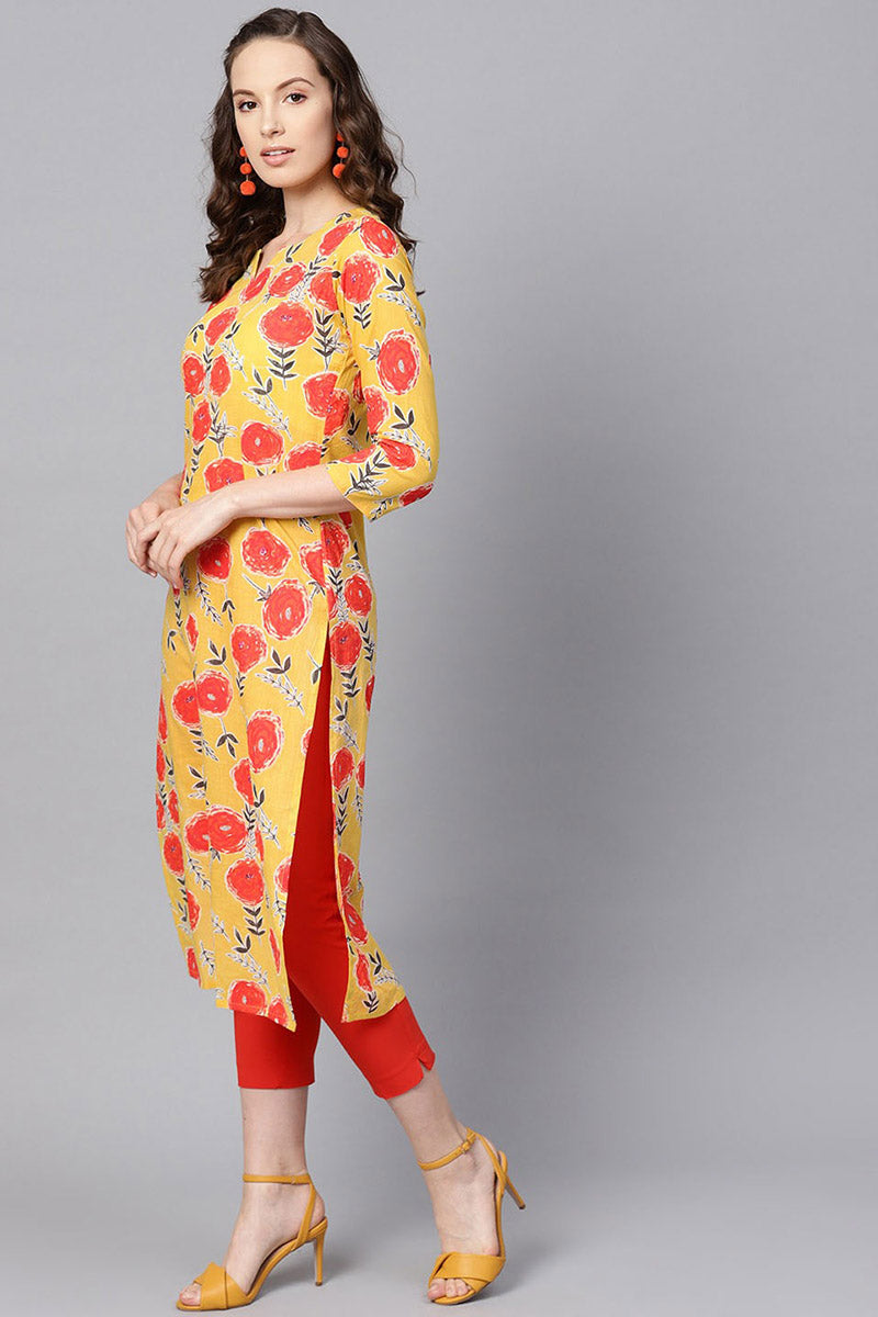 Ahika Women Printed Stylish Yellow Color Kurti