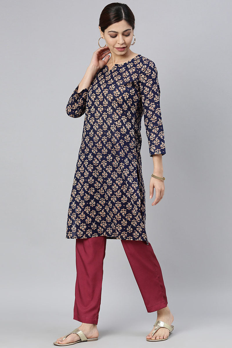 AHIKA Women Navy Blue & Beige Ethnic Motifs Printed Kurta