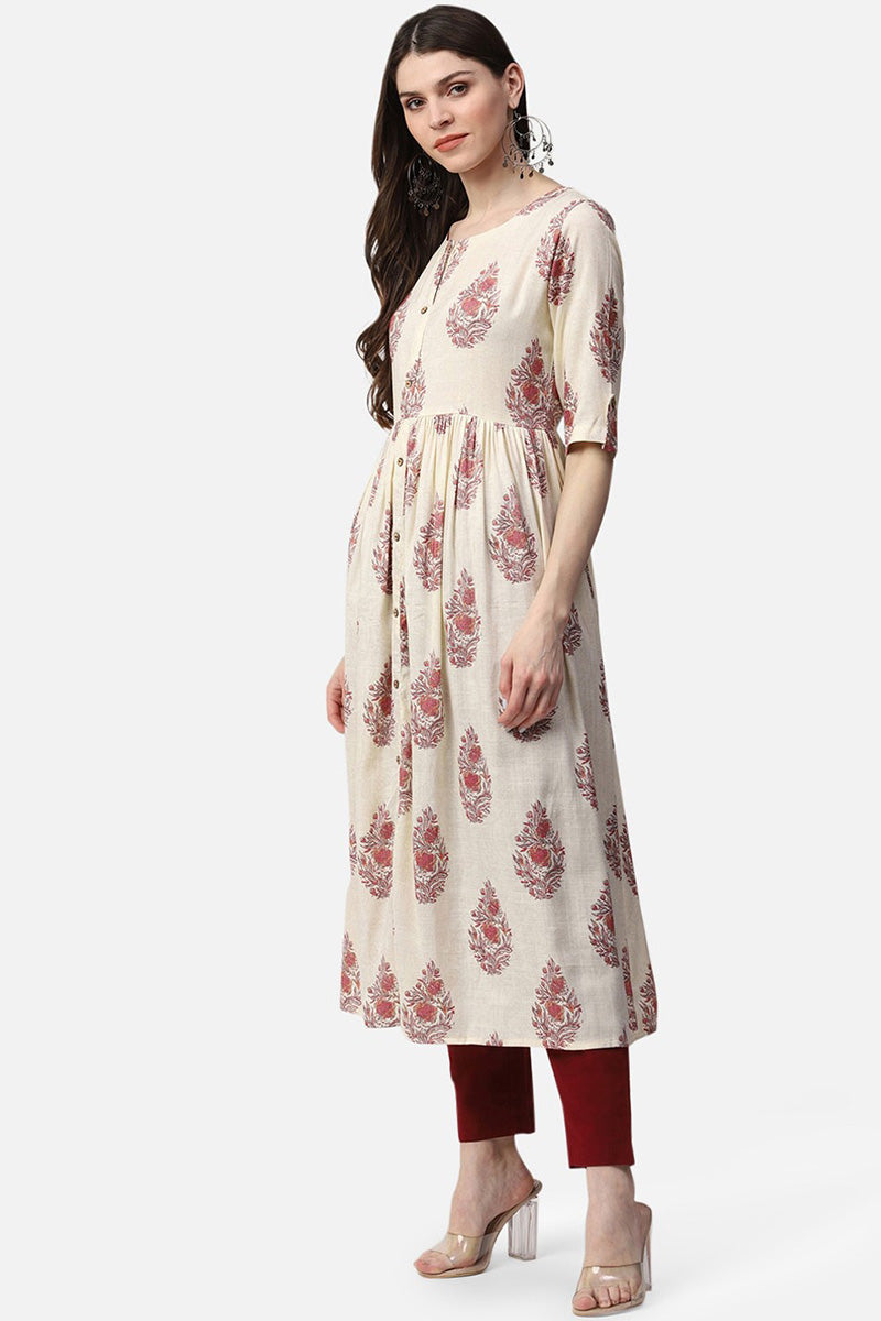 Ahika Women Cotton Beige Ethnic Motifs Printed A Line Kurti