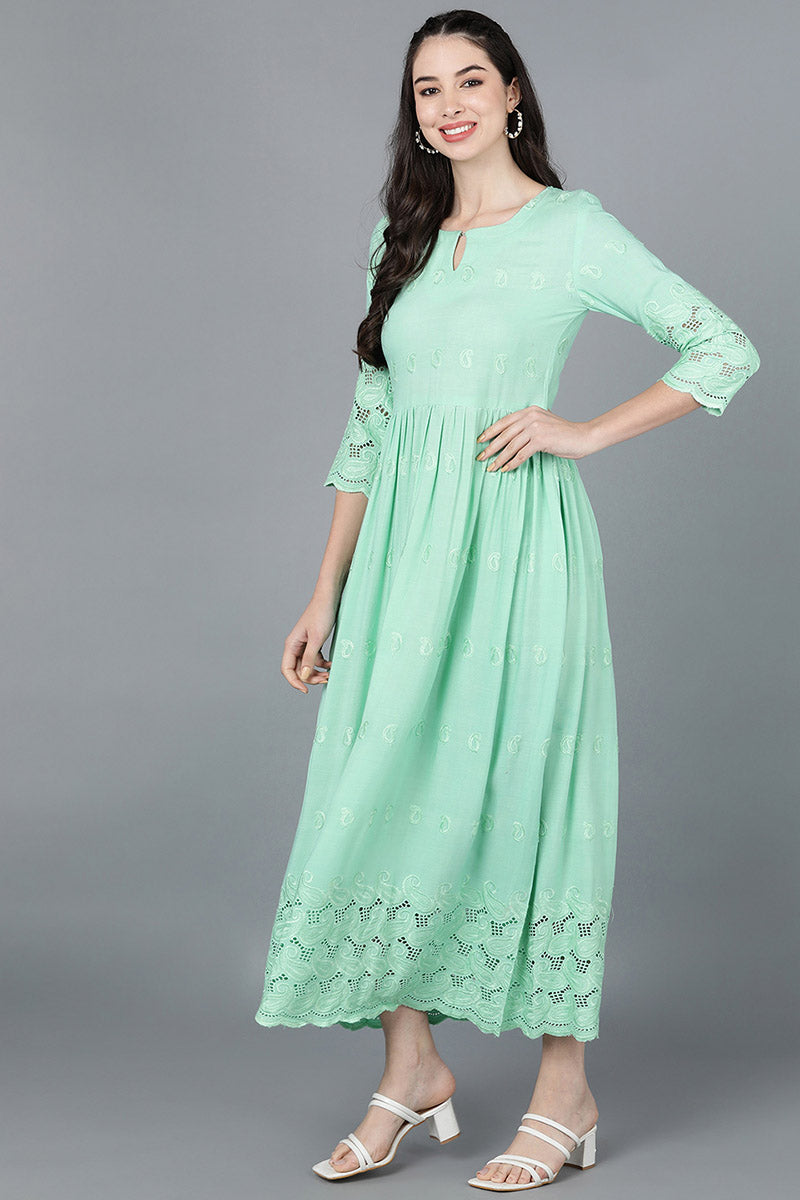 Ahika Women Sea Green Viscose Rayon Embroidered Dress 