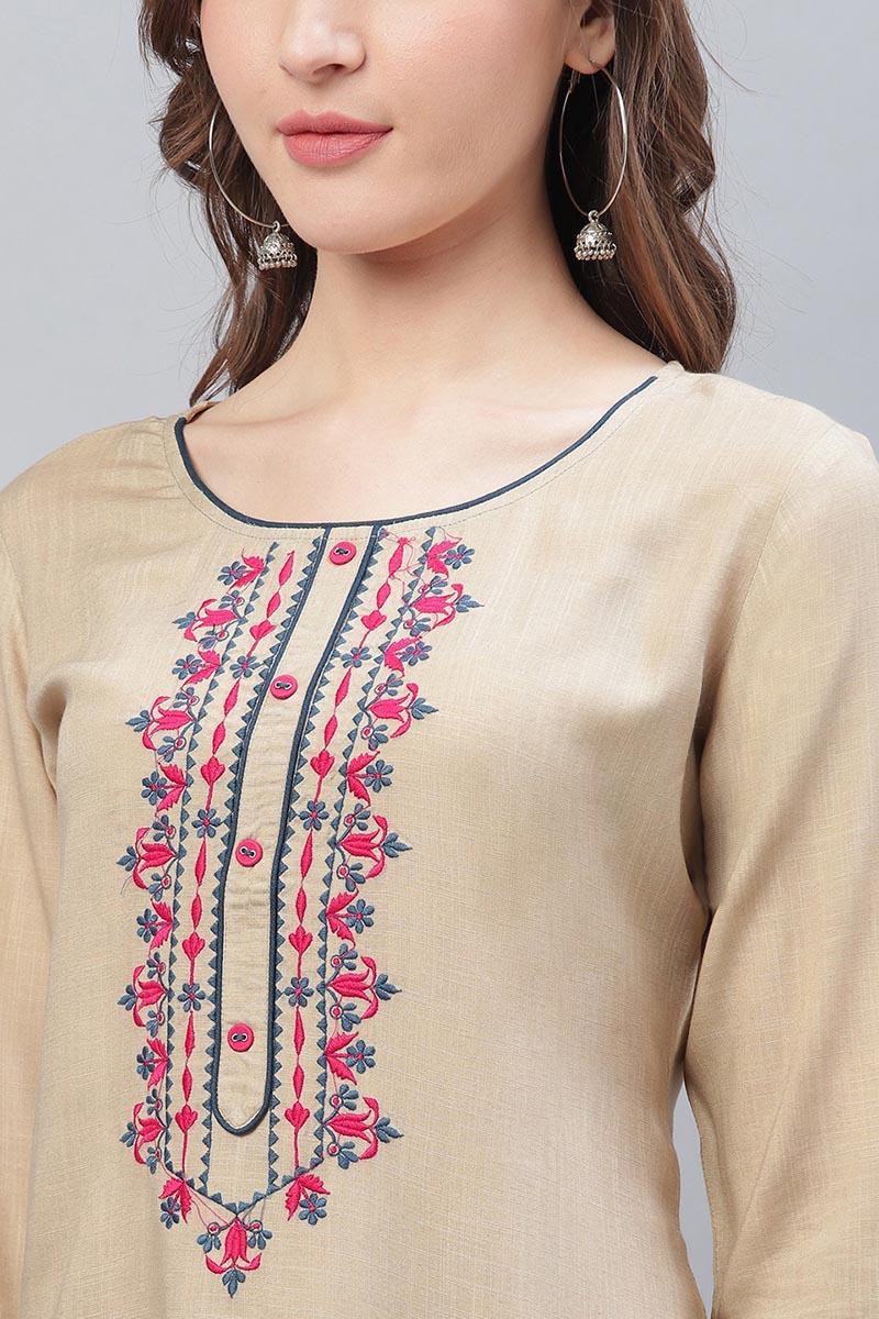 Ahika Women Cream Color Function Wear Cotton Fabric Embroidery Work Fancy Kurti