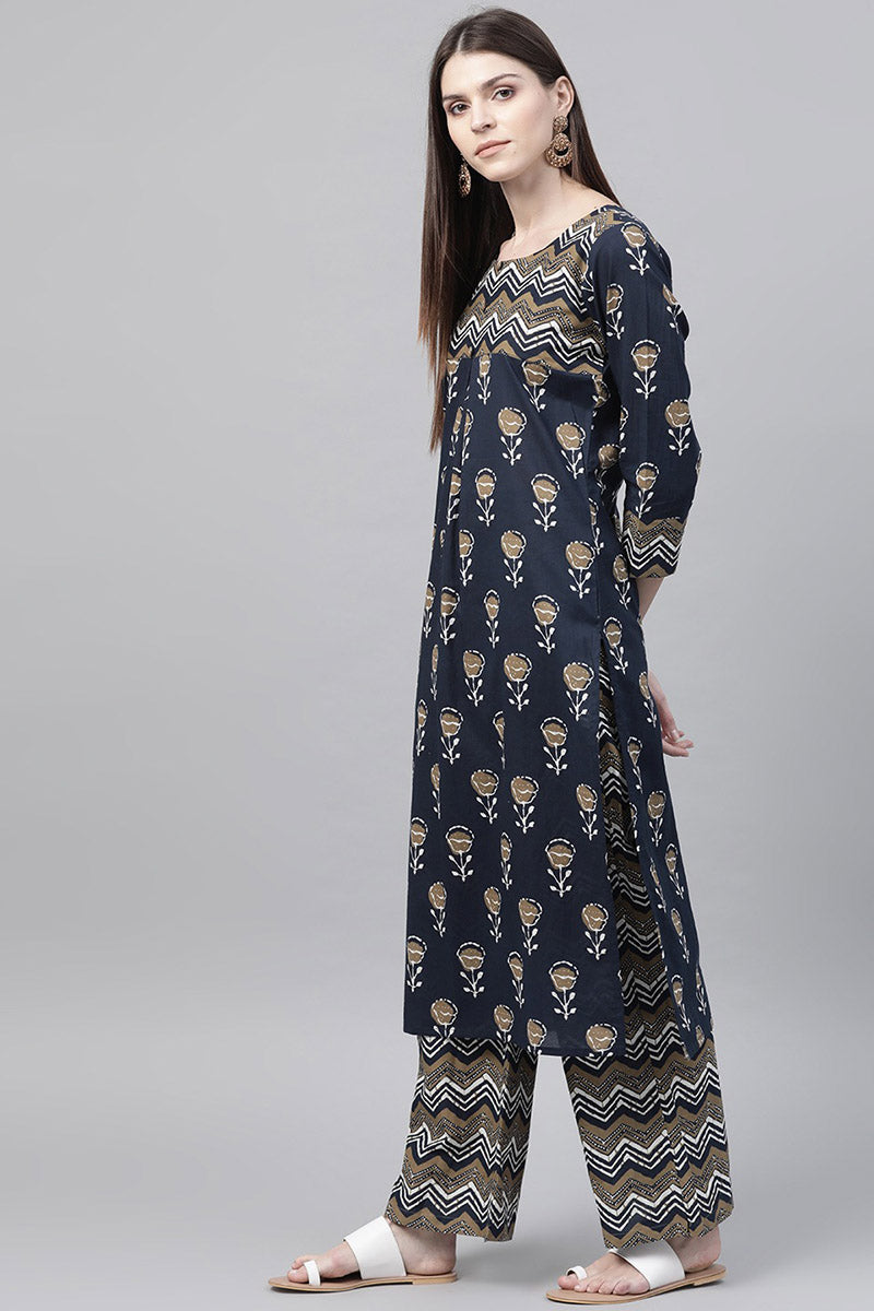 Ahika Women Occasion Wear Printed Stylish Navy Blue Kurta Palazzo Set