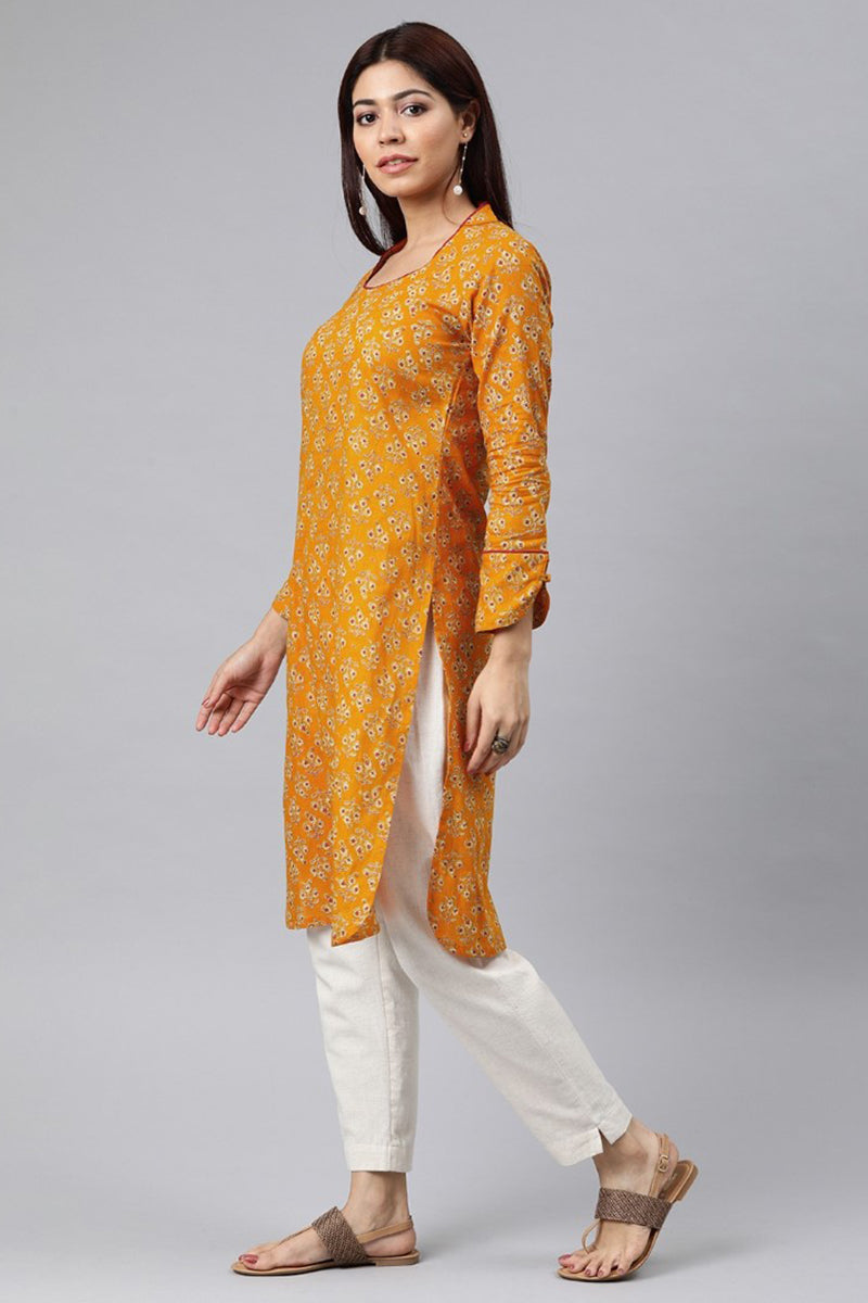 AHIKA Women Mustard Yellow Ethnic Motifs Printed Kurta