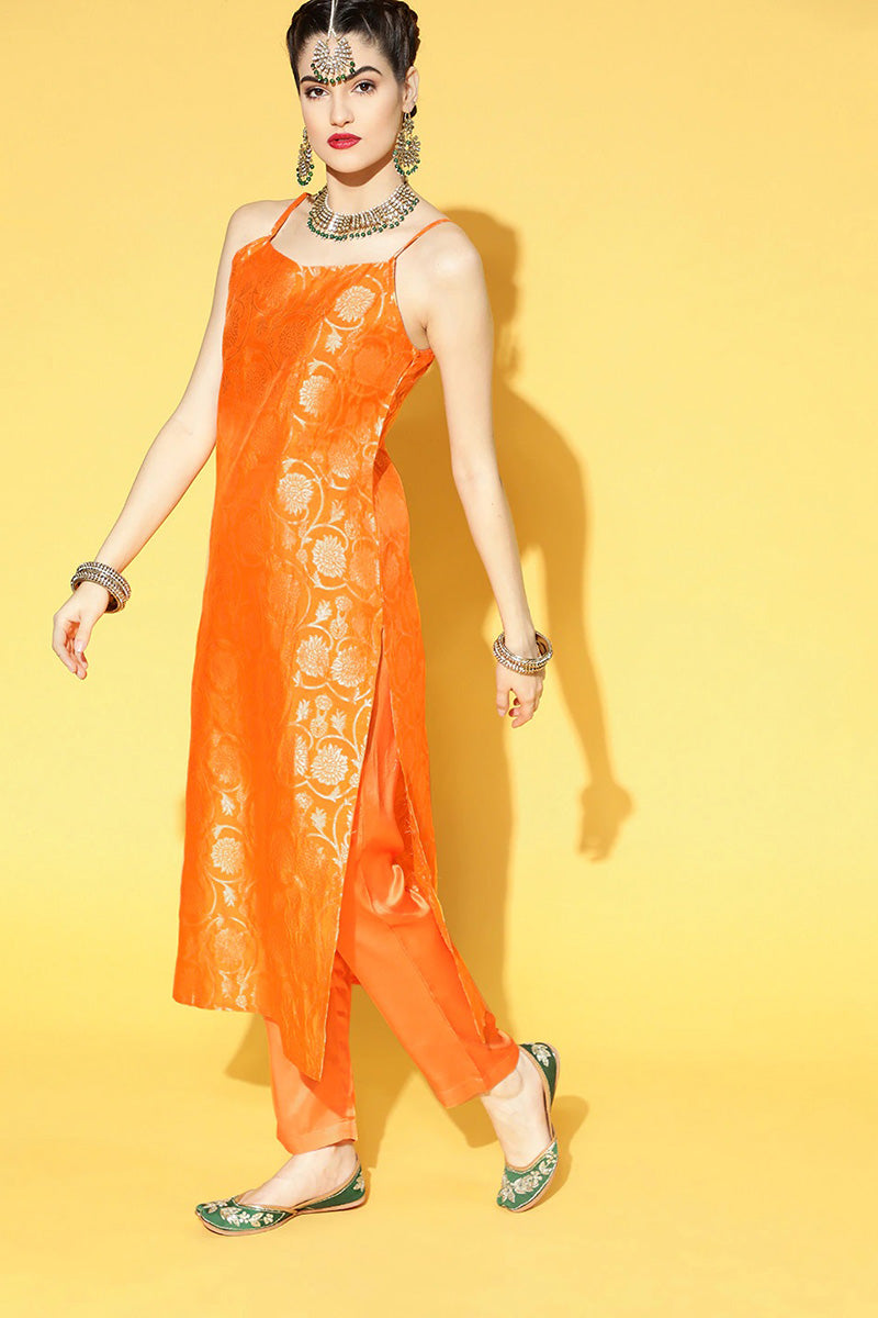 AHIKA Women Orange Floral Woven Design Pure Cotton Kurta with Trousers With Dupatta Set