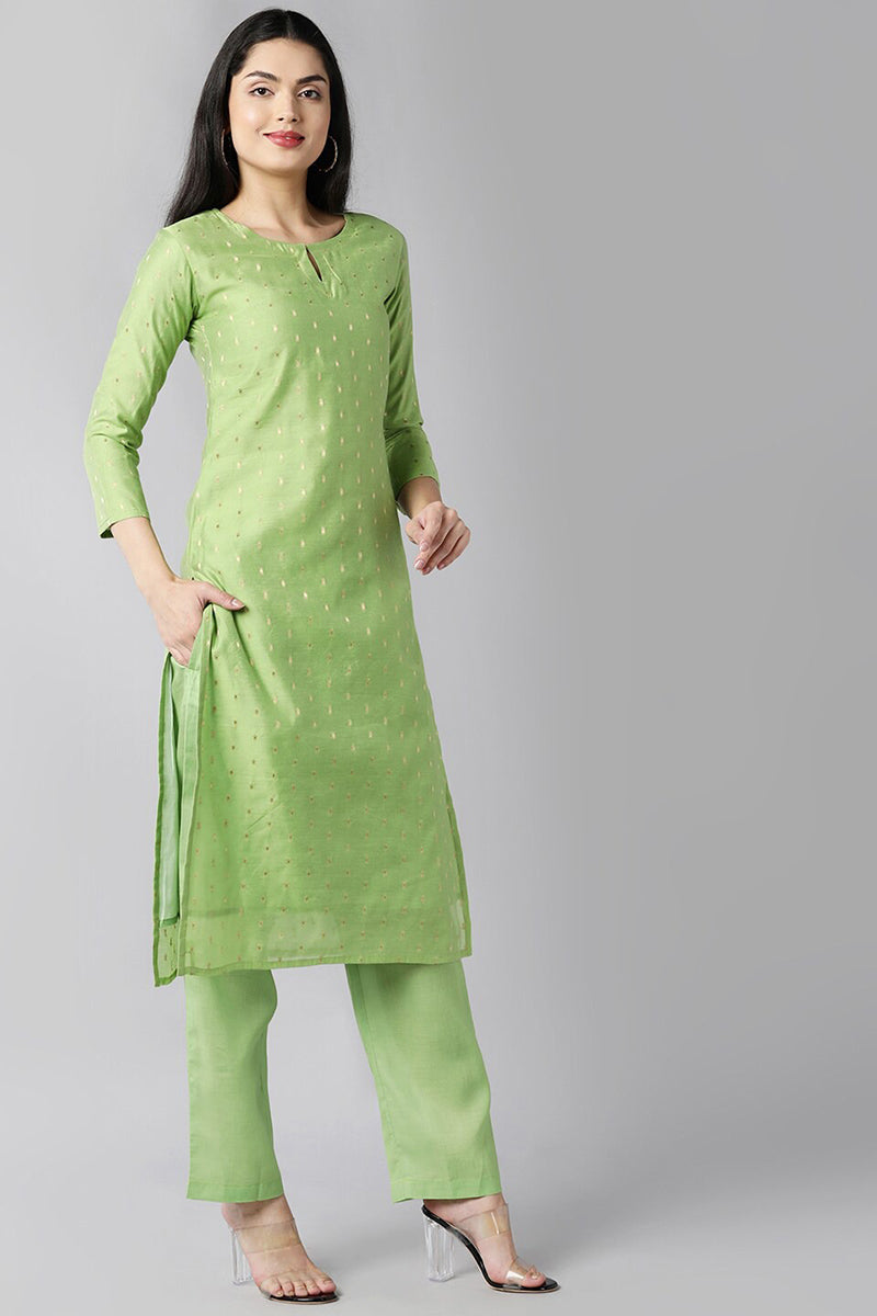 AHIKA Women Green Ethnic Motifs Embroidered Regular Kurta with Trousers Set