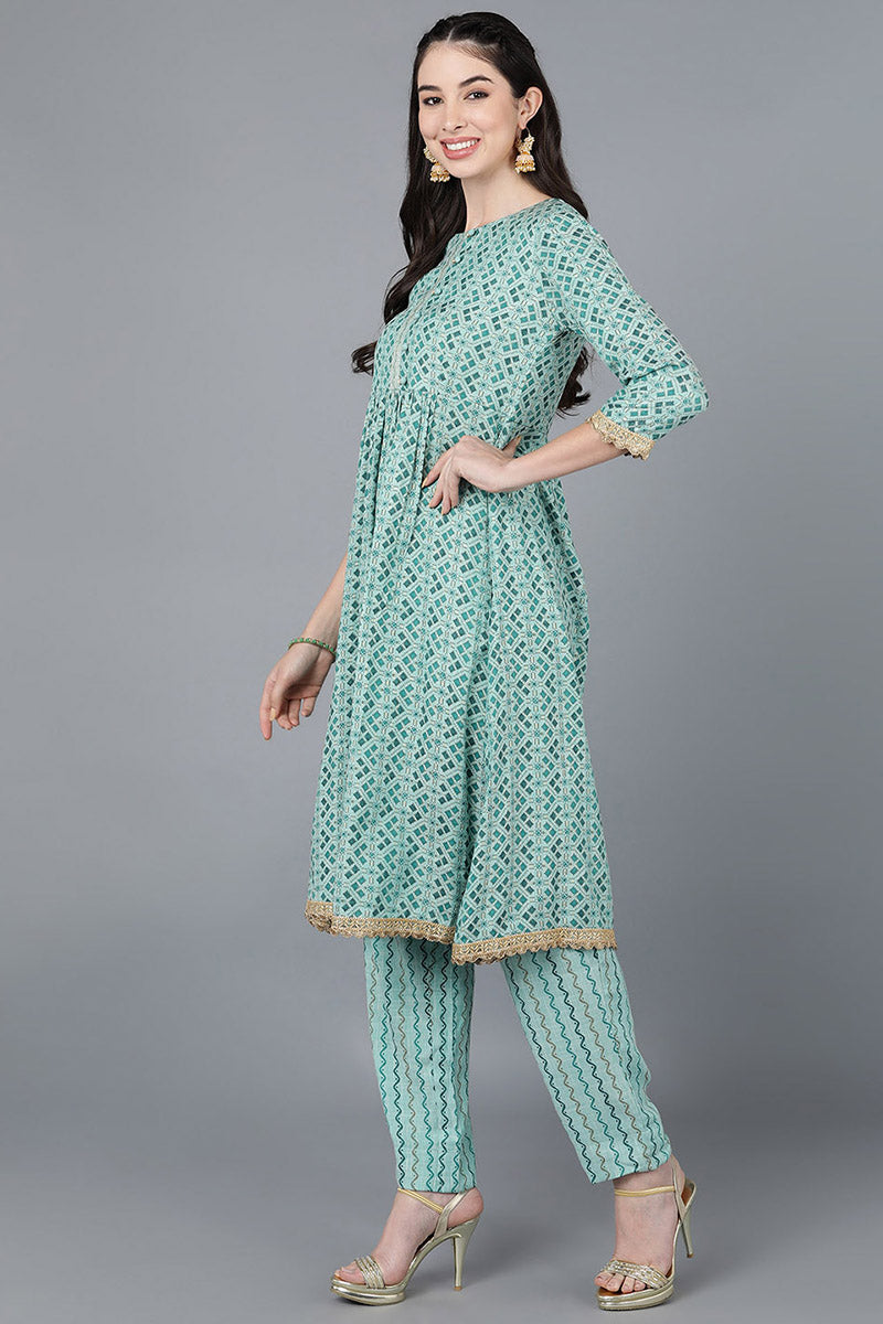 Ahika Women Sea Green Cotton Blend Printed Kurta Trousers With Dupatta 