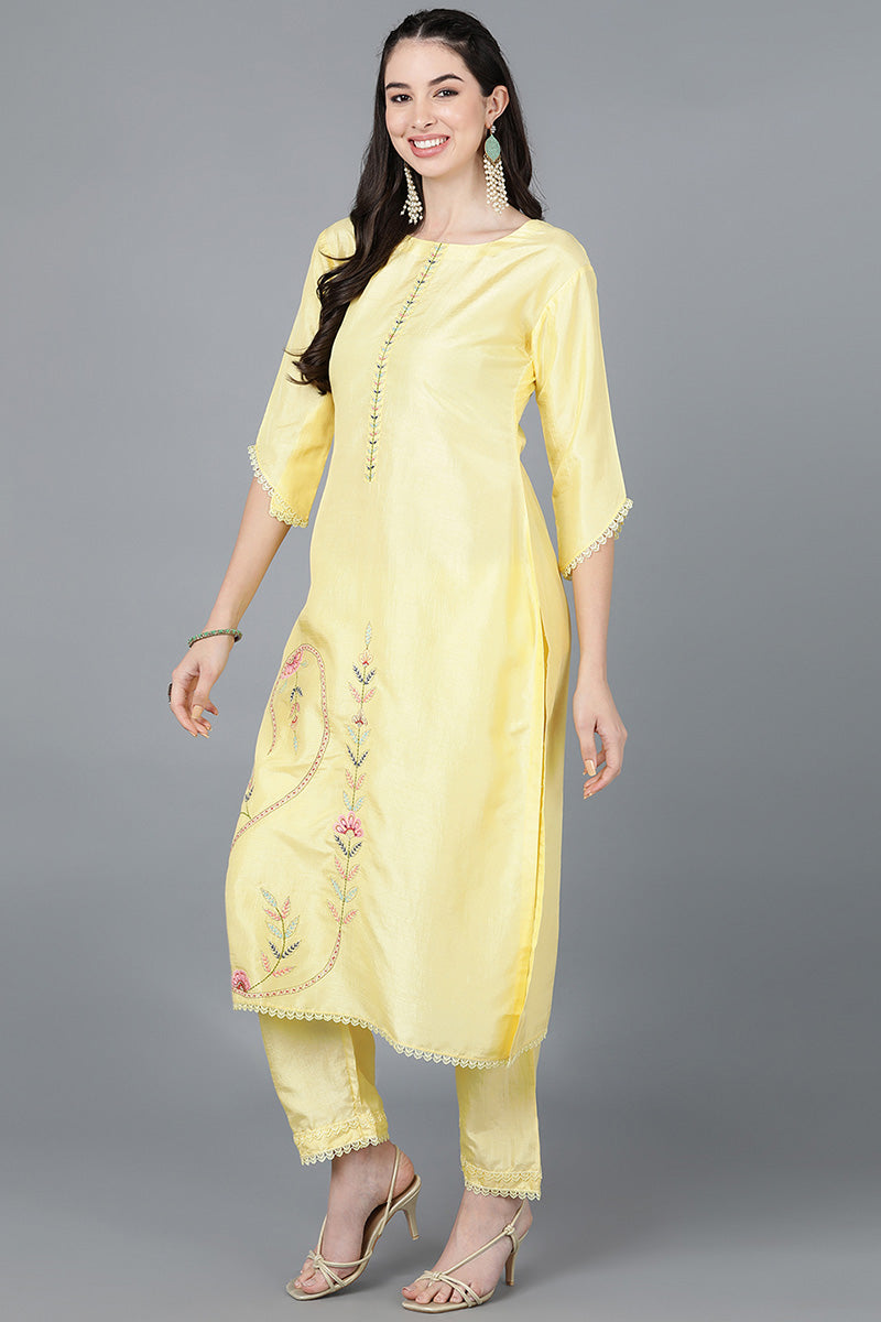 Ahika Women Yellow Poly Silk Embroidered Kurta Trousers With Dupatta 