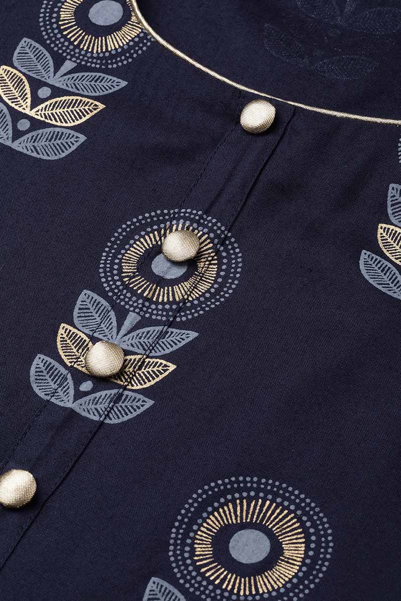 Ahika Women Regular Wear Cotton Printed Navy Blue Kurta & Palazzo Set 