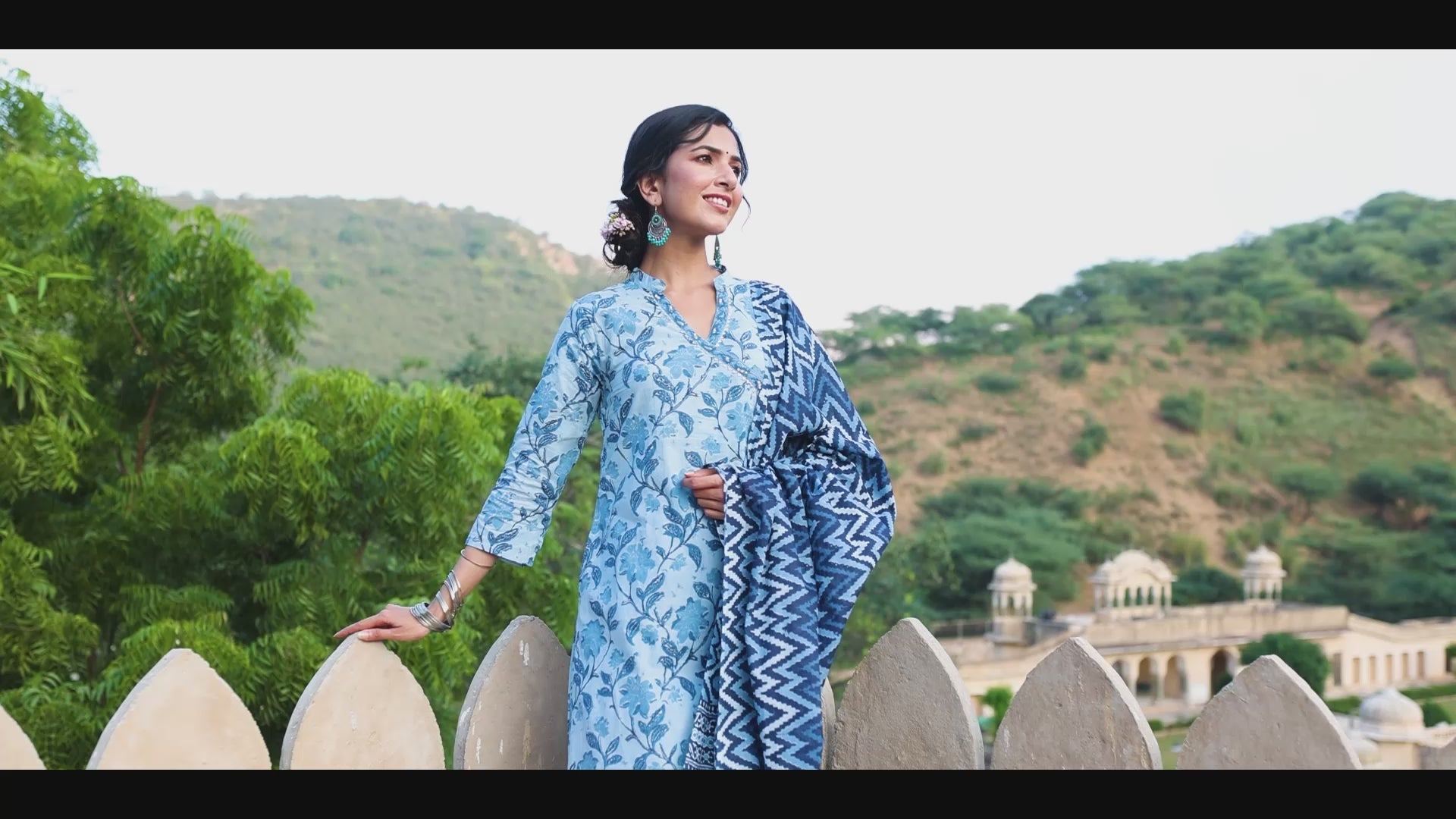 Blue Off-White Print Cotton Kurta with Trousers Dupatta – Ahika