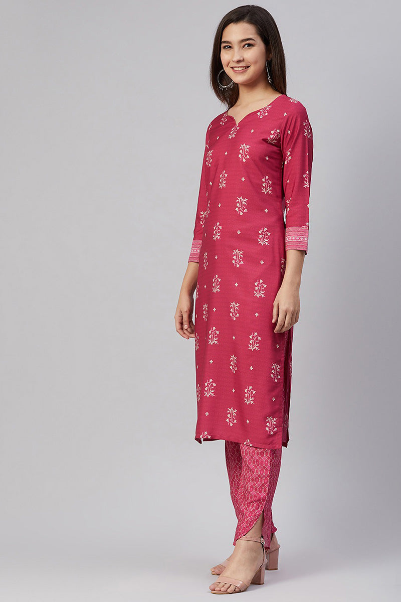 Ahika Women Crepe Pink Ethnic Motifs Printed Straight Kurta Pant Set
