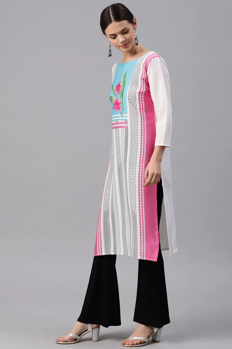 Ahika Women White Color Crepe Fabric Trendy Printed A Line Kurta