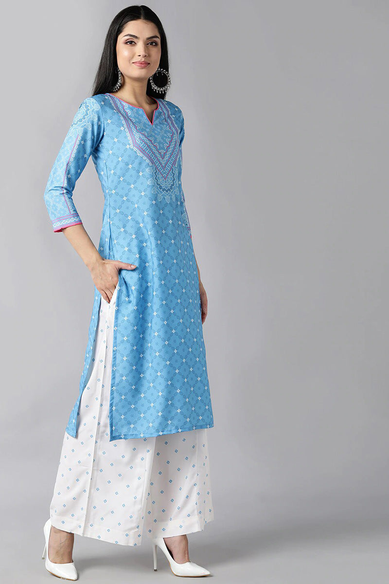 AHIKA Women Blue Ethnic Motifs Printed Panelled Kurta with Skirt With Dupatta Set