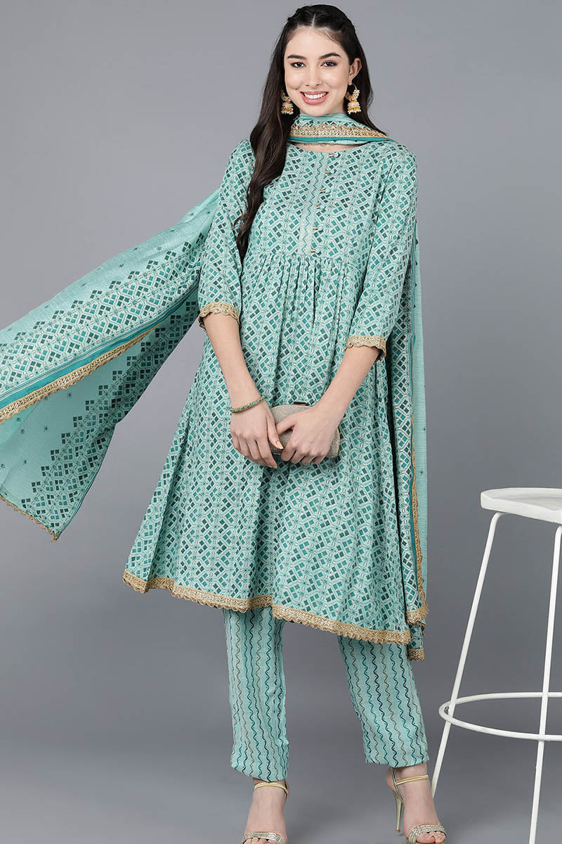 Ahika Women Sea Green Cotton Blend Printed Kurta Trousers With Dupatta 