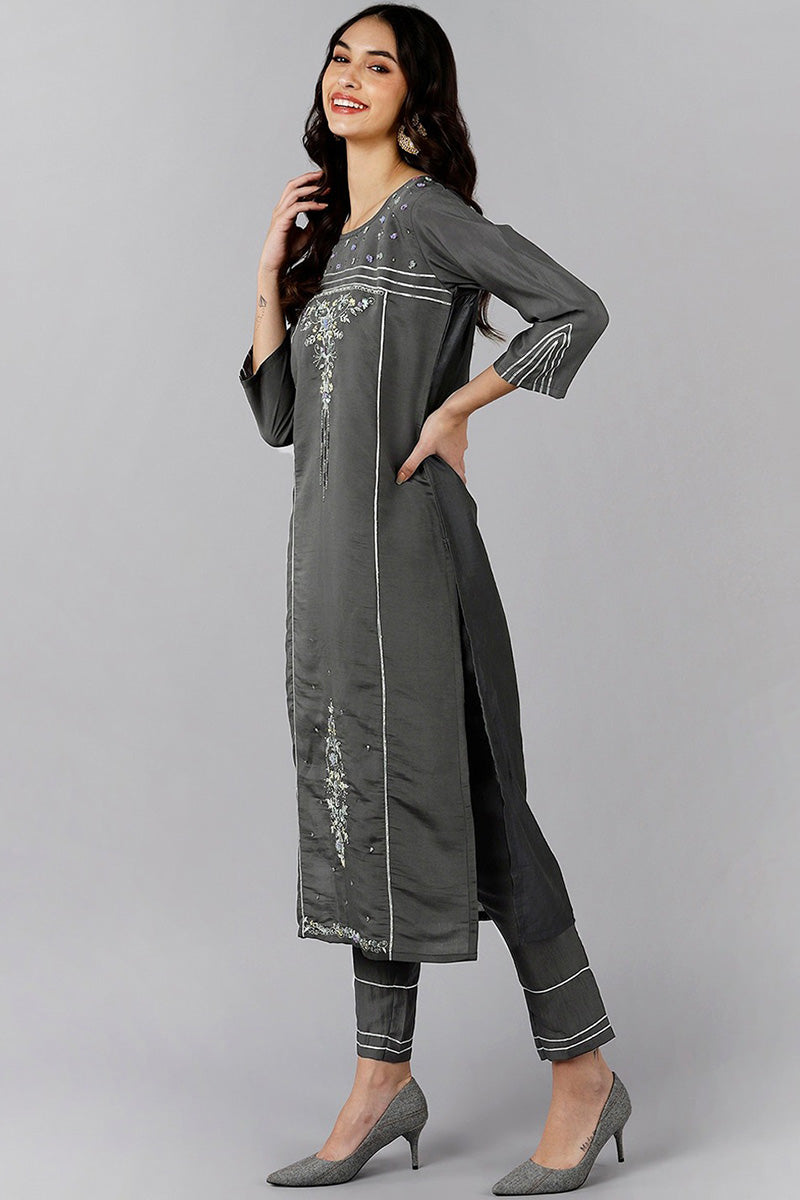 AHIKA Women Grey Solid Embroidered Kurta Trousers With Dupatta