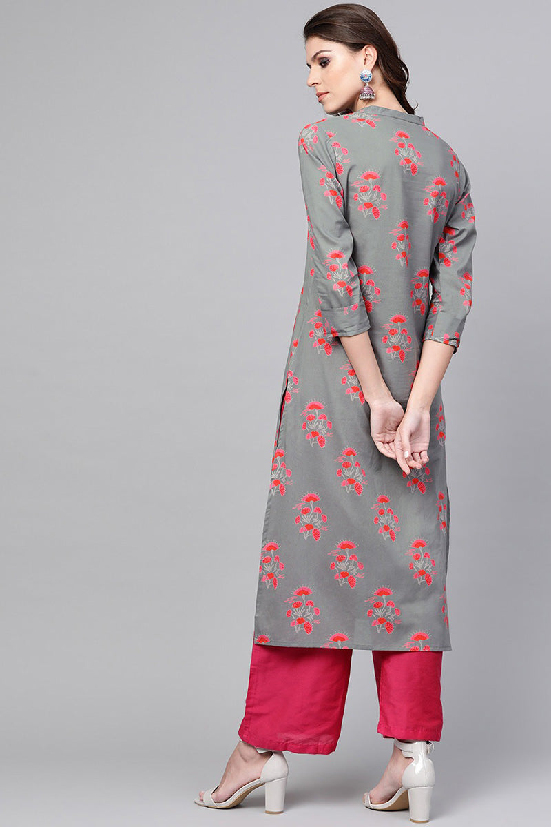 Ahika Women Cotton Fabric Trendy Festive Wear Grey Color Printed Kurti