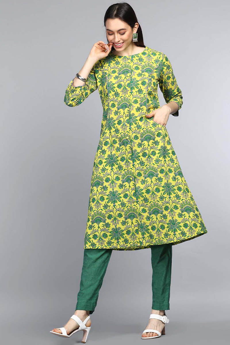 Ahika Women Cotton Printed Simple Function Wear Green Kurti