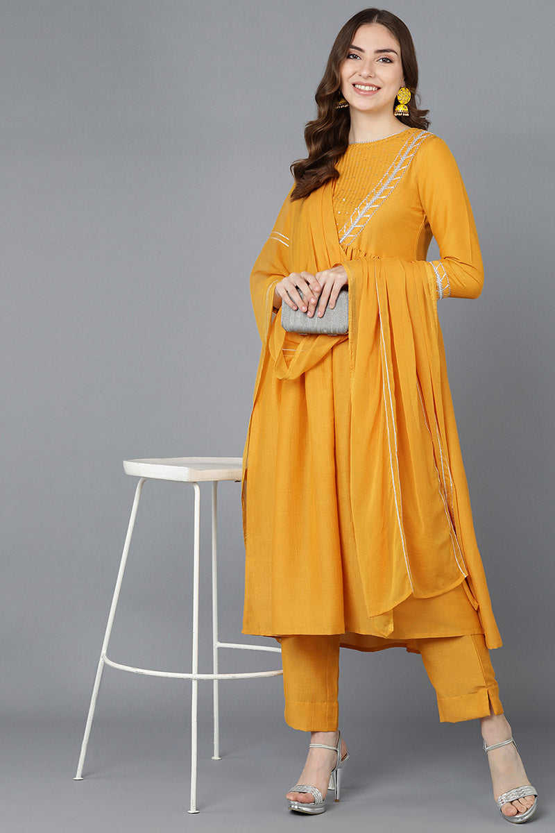 Ahika Women Mustard Poly Silk Embroidered Kurta Trousers With Dupatta 