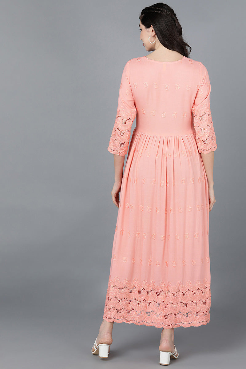 Ahika Women Peach Viscose Rayon Embroidered Dress
