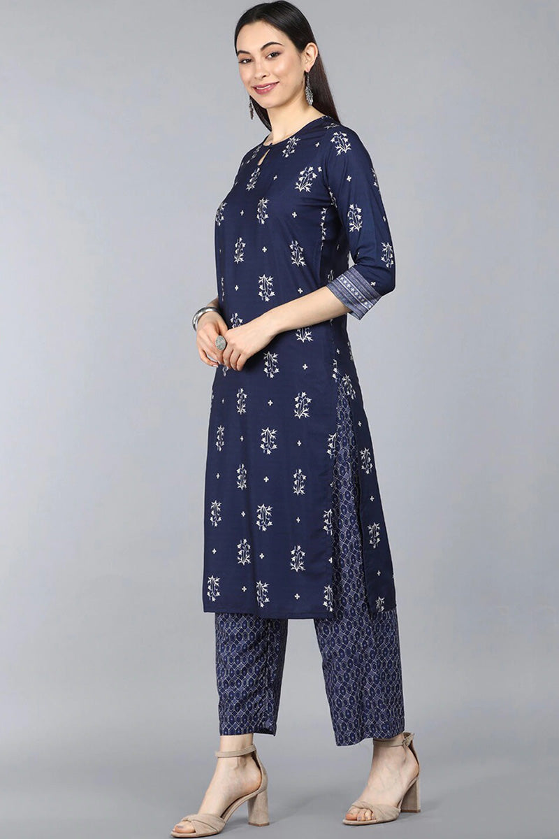 Fashion Navy Blue Rayon Golden Printed Kurti With Pant & Dupatta Set |  Bhadar