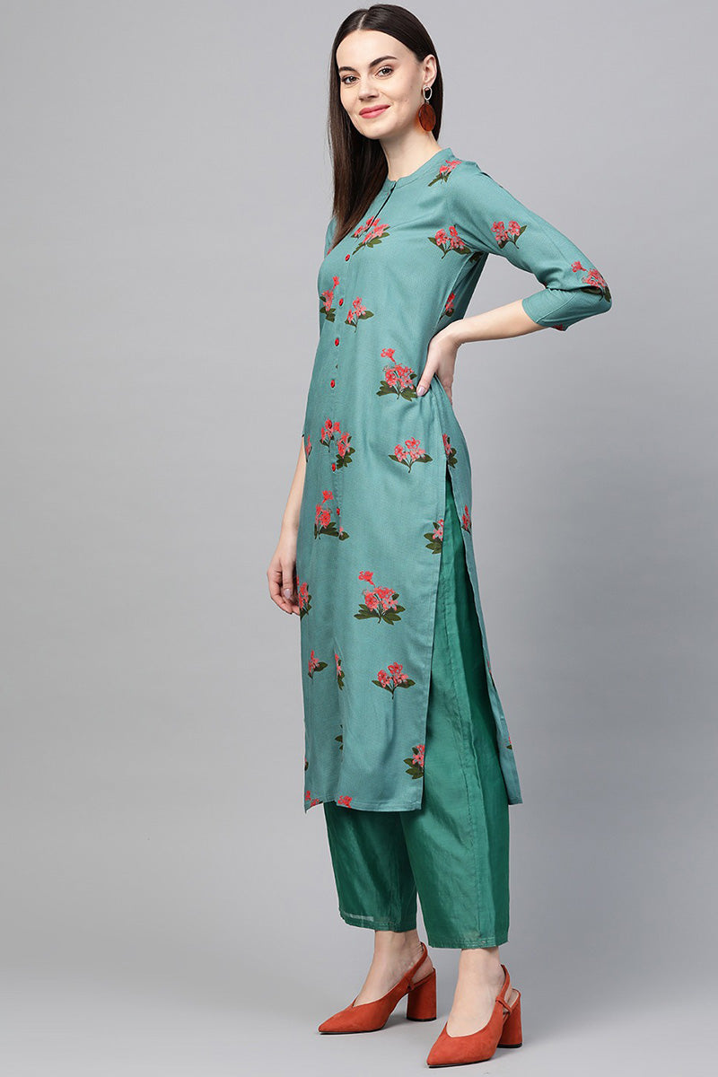 Ahika Women Cotton Fabric Trendy Festive Wear Light Cyan Color Printed Kurti