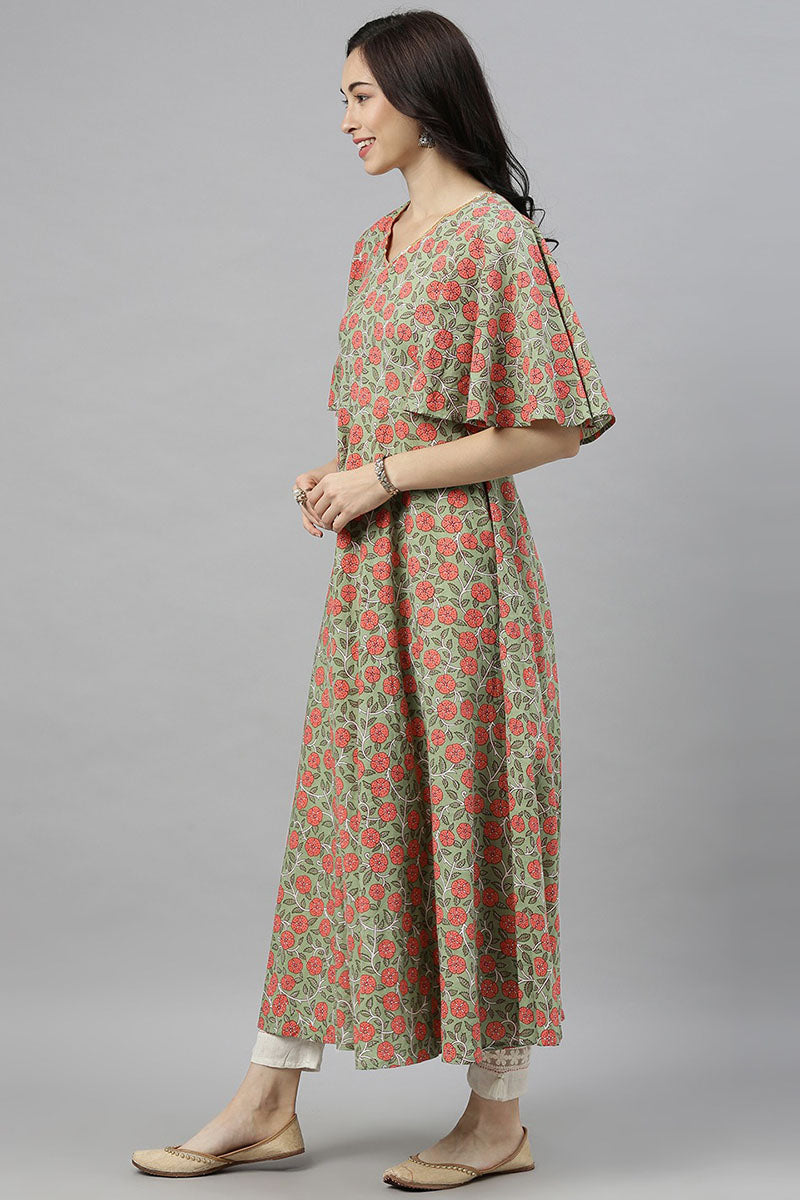 AHIKA Women Green Pink Floral Printed Flared Sleeves Kurta