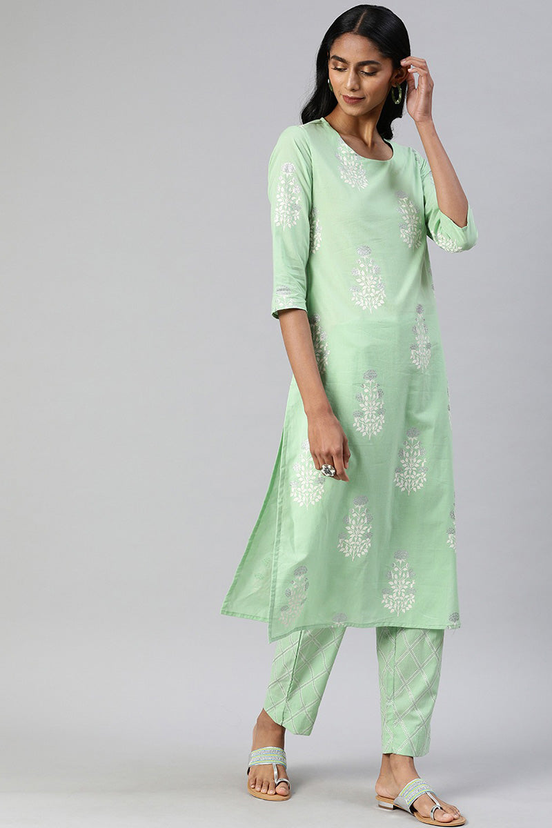 AHIKA Women Sea Green White Printed Kurta with Pyjamas Set