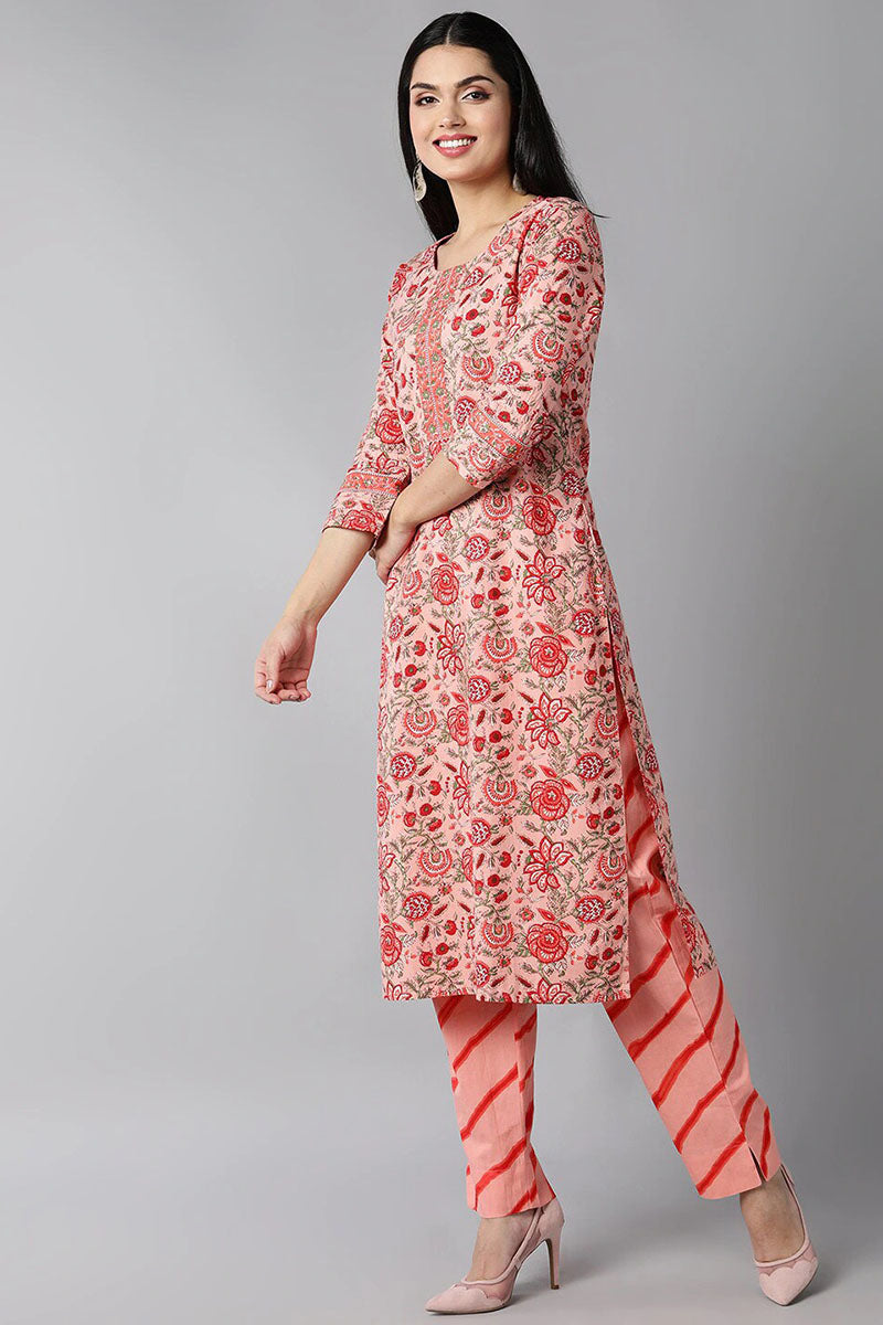 AHIKA Women Peach Coloured Ethnic Motifs Printed Cotton Kurta with Trousers Dupatta Set