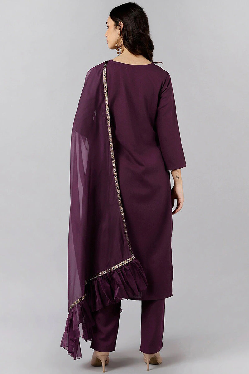 Purple Cotton Blend Solid Straight Suit Set PKSKD1179