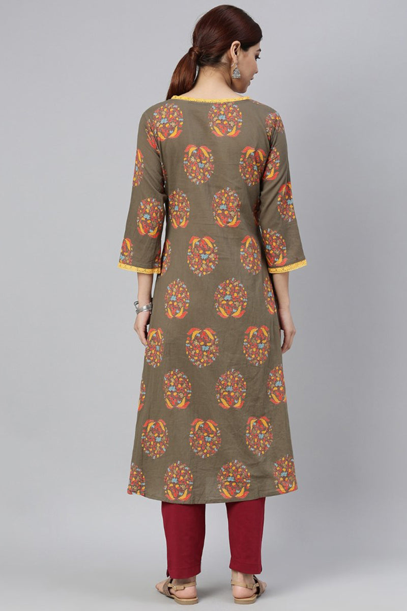 AHIKA Women Taupe Yellow Floral Printed Kurta with Lace Detail