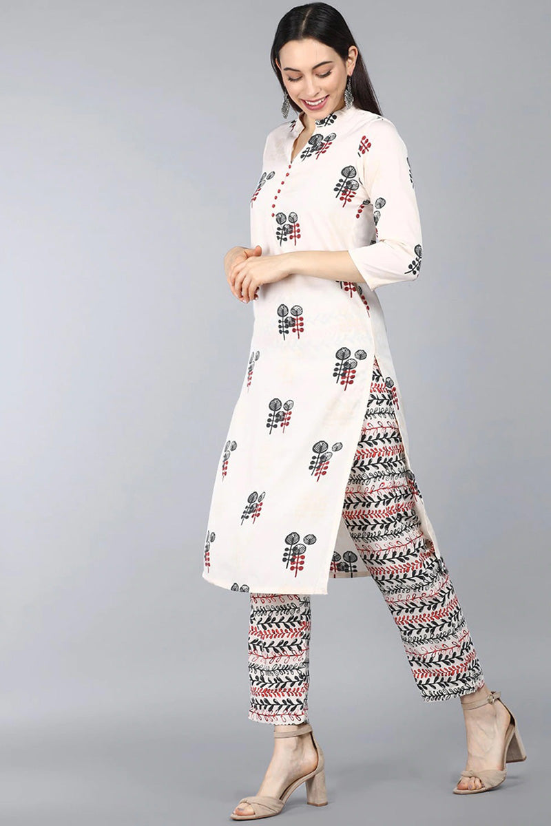AHIKA Women Off White Floral Printed Kurta with Trousers