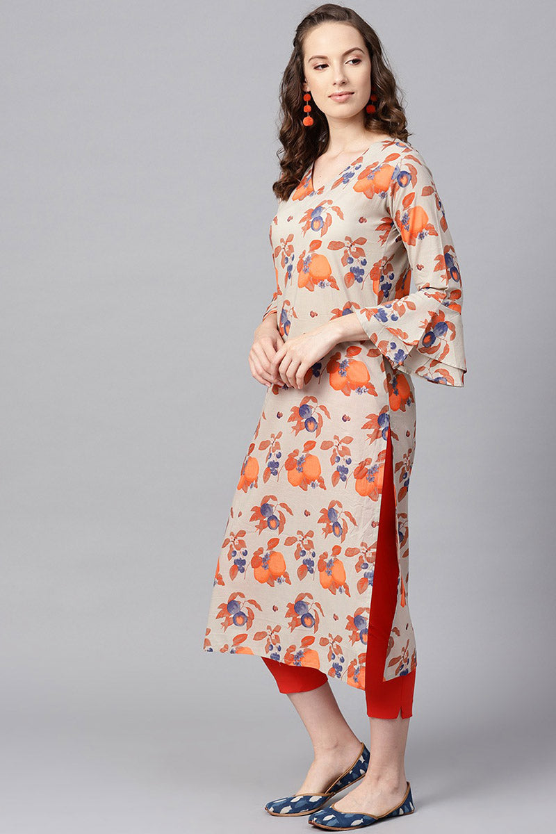 Ahika Women Casual Wear Cotton Chikoo Color Printed Trendy Kurti