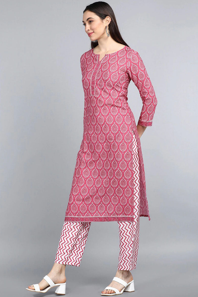 AHIKA Women Pink Floral Printed Layered Kurti with Trousers Set