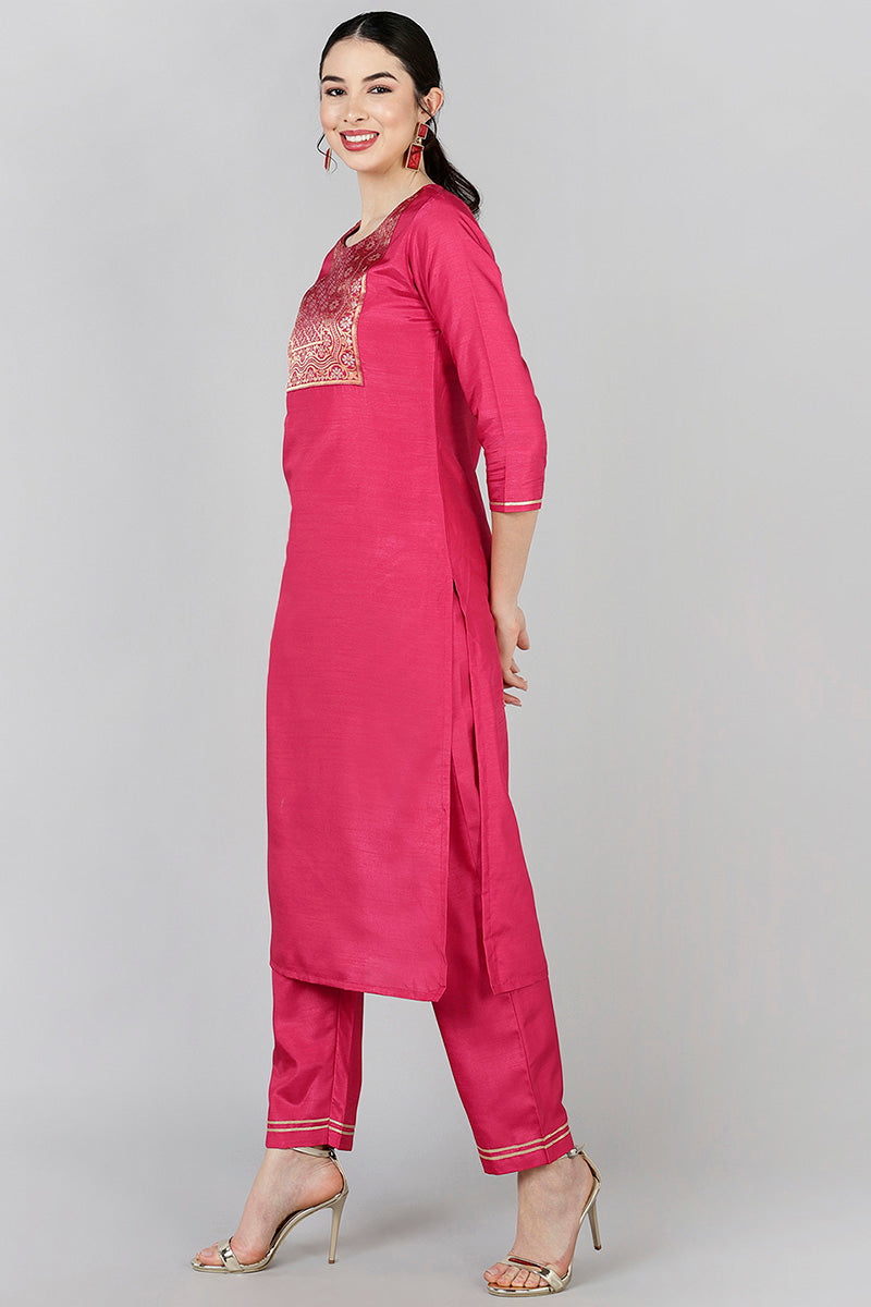 AHIKA Women Red Yoke Design Kurta Trousers With Dupatta 