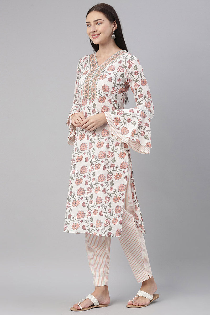 Ahika Women Cotton White Floral Printed Straight Kurta Pant Dupatta Set