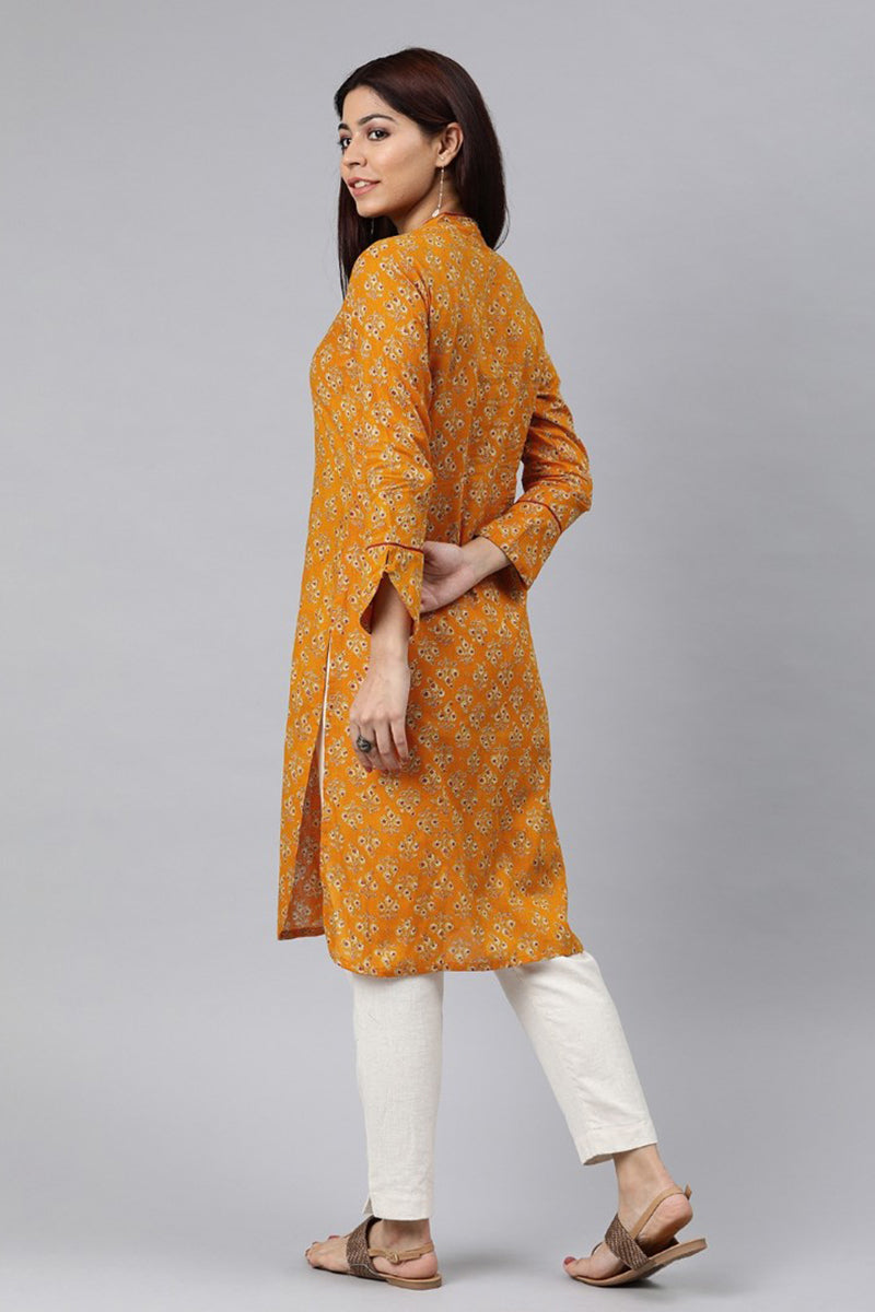 AHIKA Women Mustard Yellow Ethnic Motifs Printed Kurta