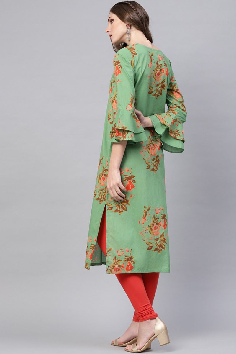 Ahika Women Regular Wear Cotton Fabric Printed Sea Green Color Simple Kurti
