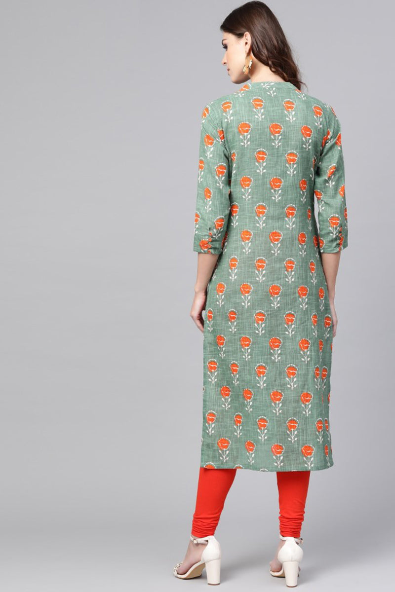 Ahika Women Casual Wear Cotton Fabric Sea Green Printed Trendy Kurti