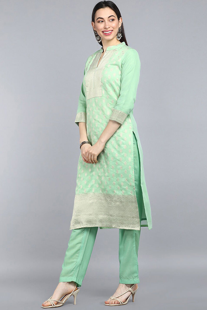 AHIKA Women Lime Green Gold-Toned Ethnic Motifs Kurta With Trousers Dupatta