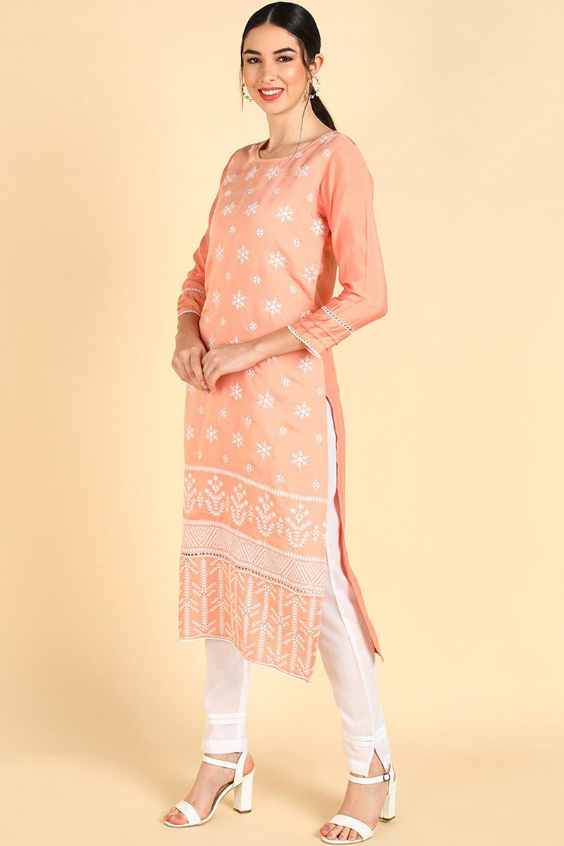 AHIKA Women Peach Embroidered Kurta Trousers With Dupatta 