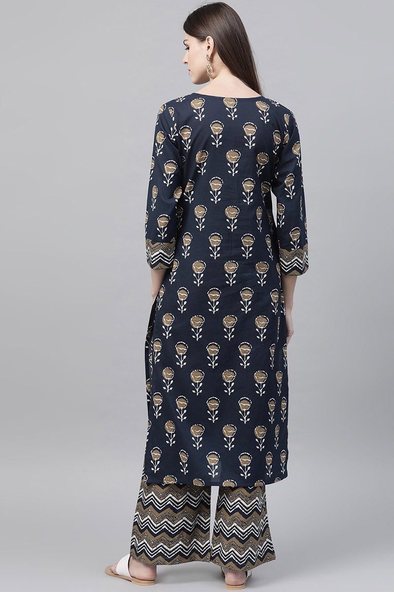 Ahika Women Occasion Wear Printed Stylish Navy Blue Kurta Palazzo Set