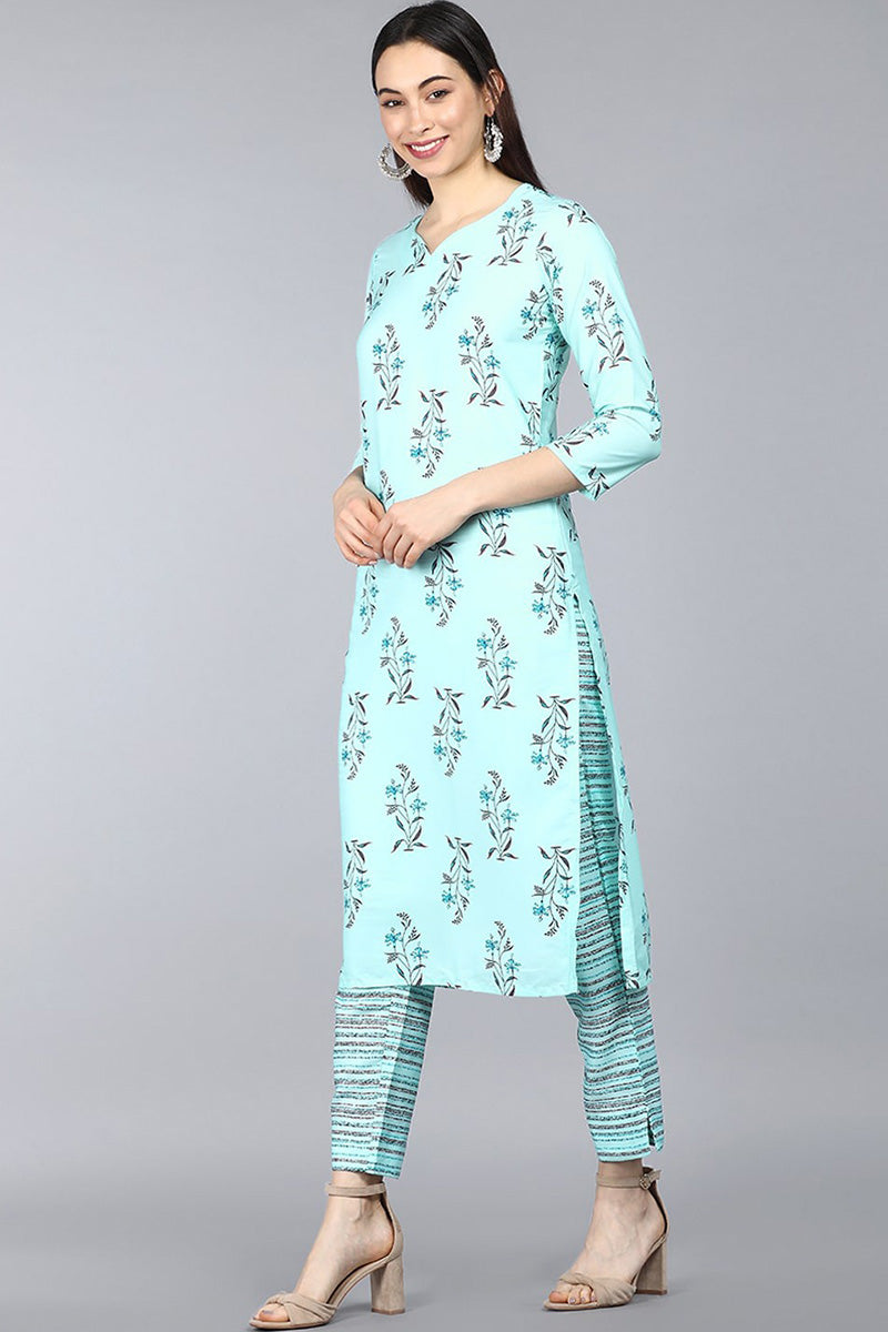 AHIKA Women Turquoise Blue Floral Printed Kurta with Trousers Dupatta 