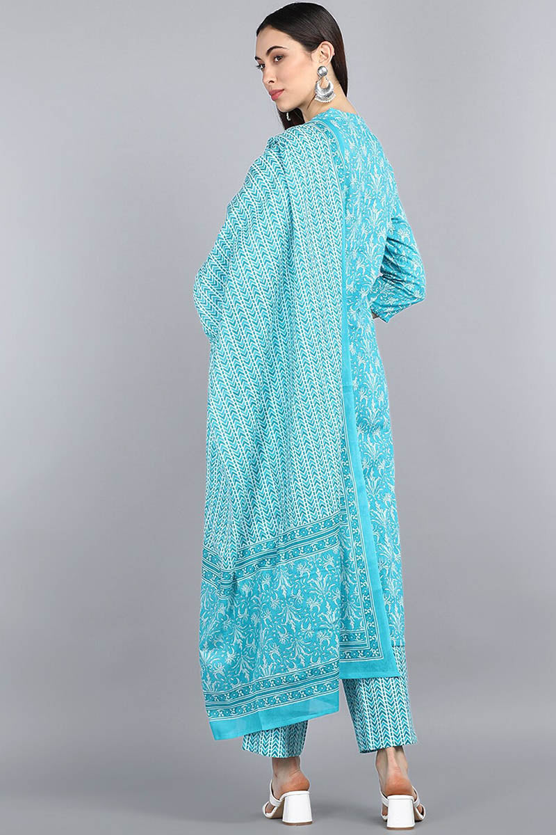 Ahika Women Turquoise Blue Ethnic Motifs Printed Pure Cotton Kurta