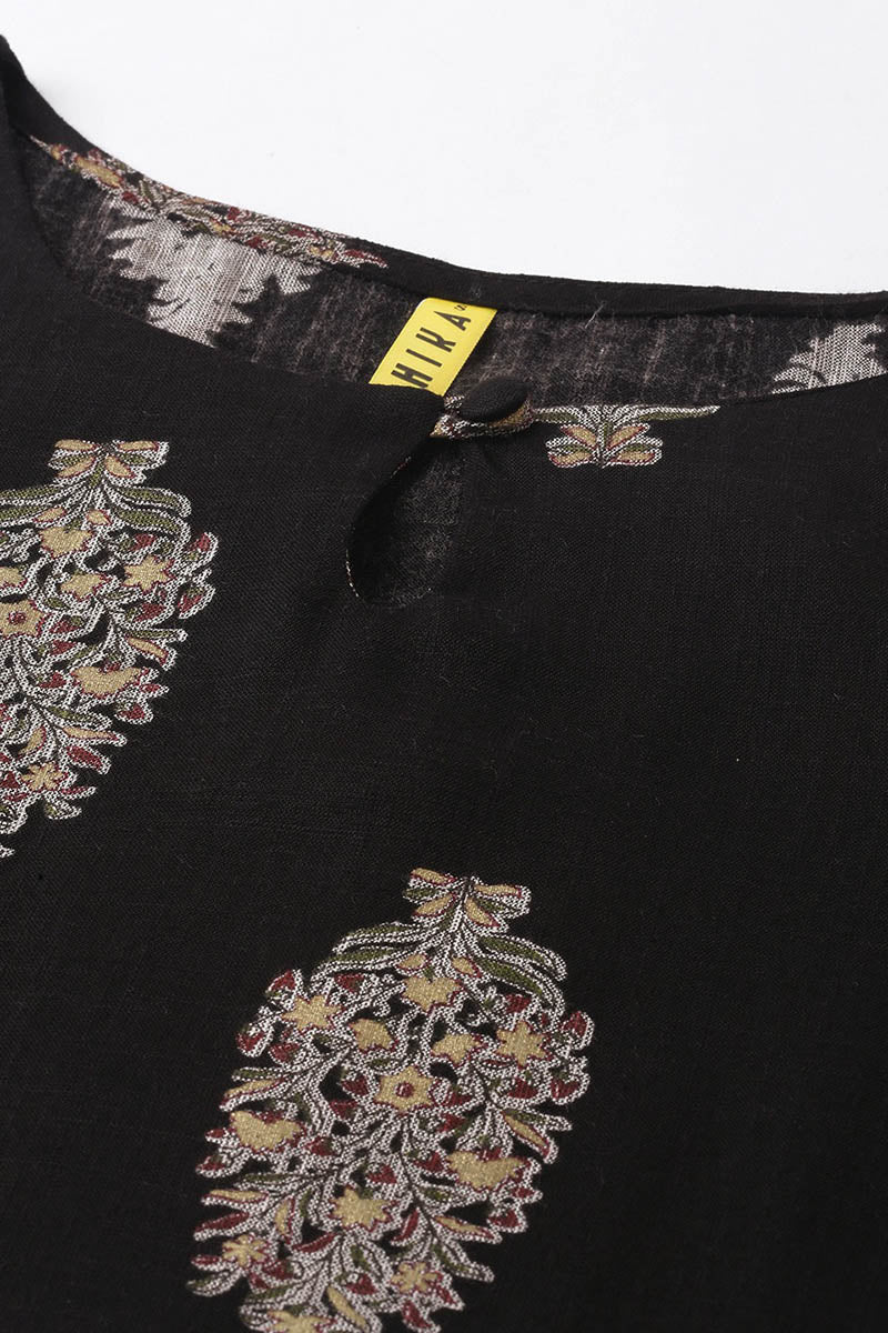 AHIKA Women Black Floral Printed Keyhole Neck Kurta