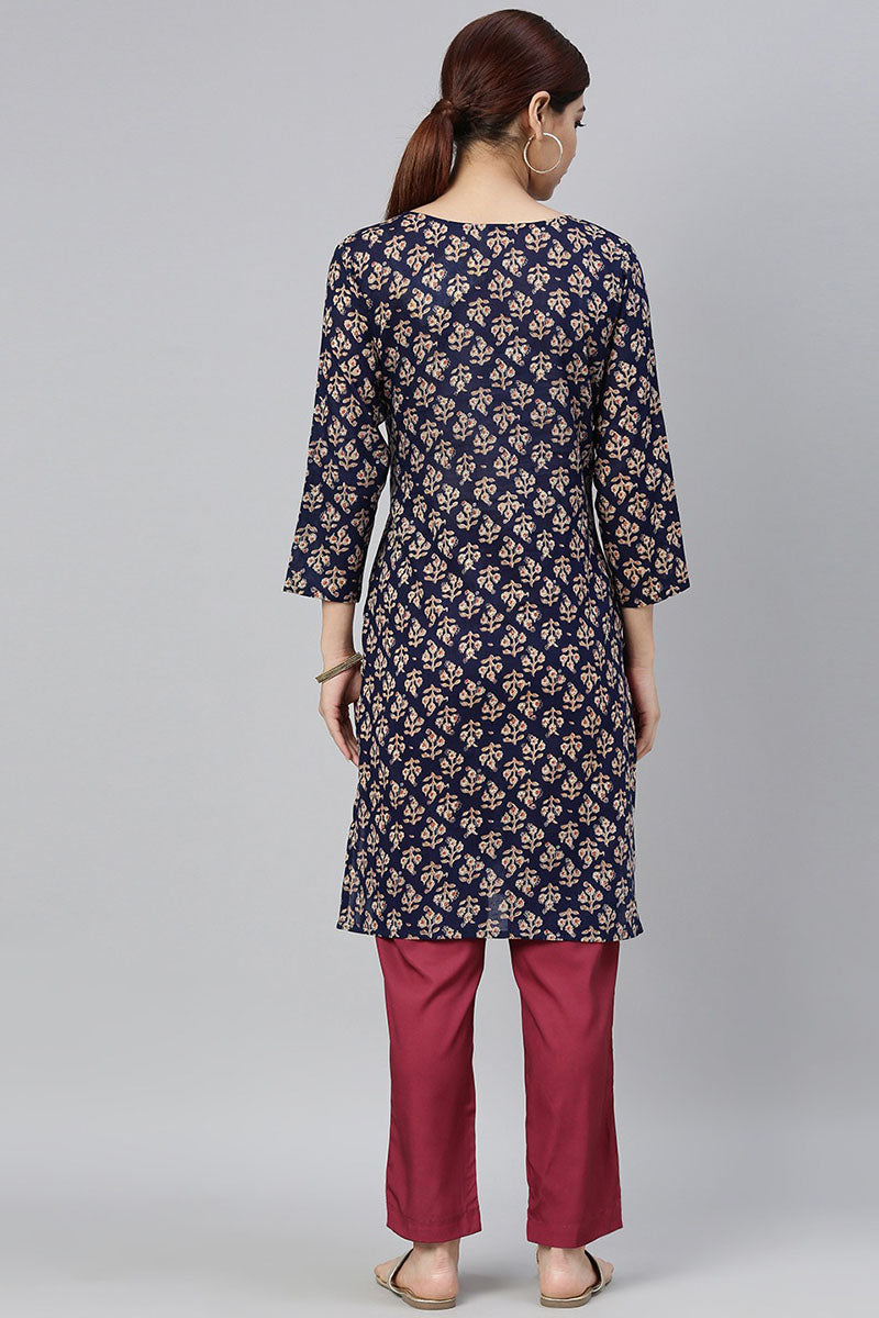 AHIKA Women Navy Blue & Beige Ethnic Motifs Printed Kurta