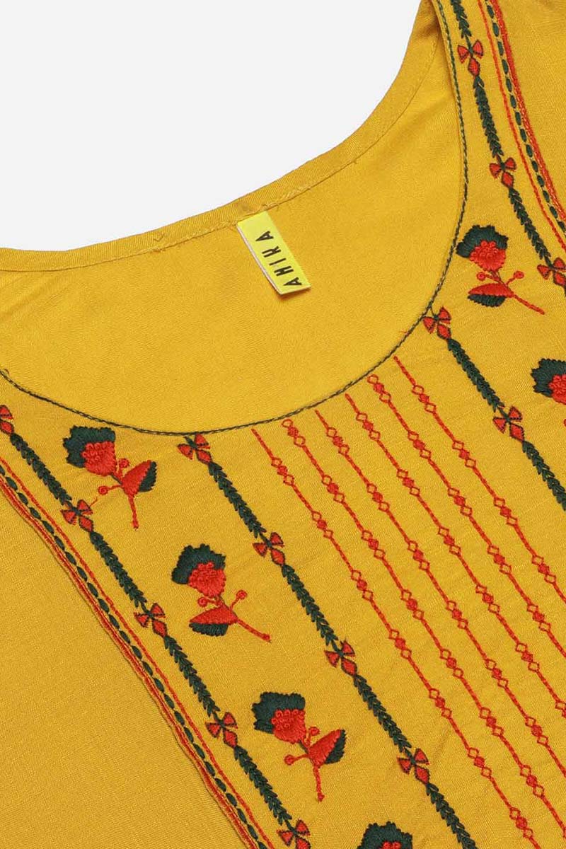 AHIKA Women Mustard Yellow Green Yoke Design Thread Work Cotton Straight Kurta