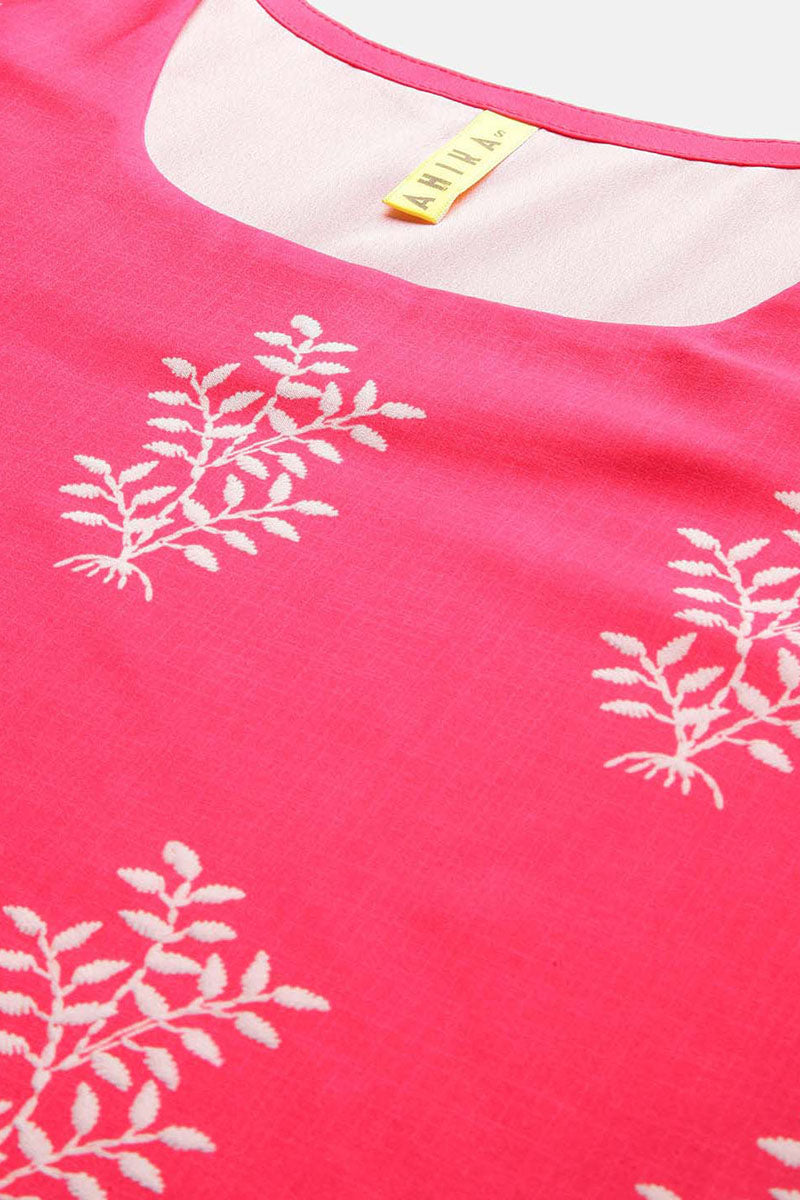 Ahika Women Poly Crepe Pink Floral Printed Straight Kurti