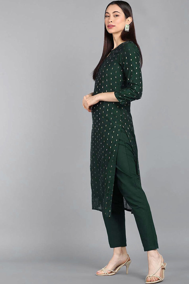 Ahika Women Cotton Green Woven Design Printed Straight Kurta Pant Set