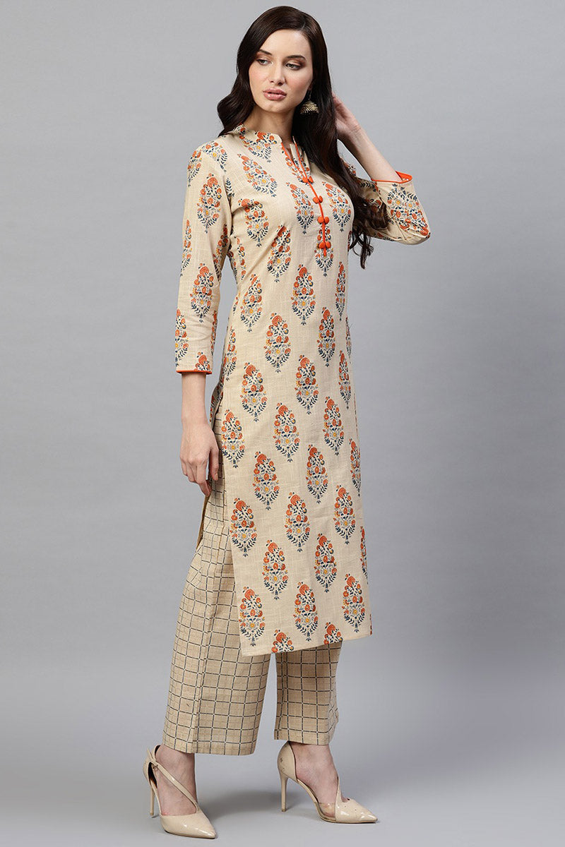 Ahika Women Beige Color Function Wear Cotton Fabric Printed Kurta And Palazzo Set